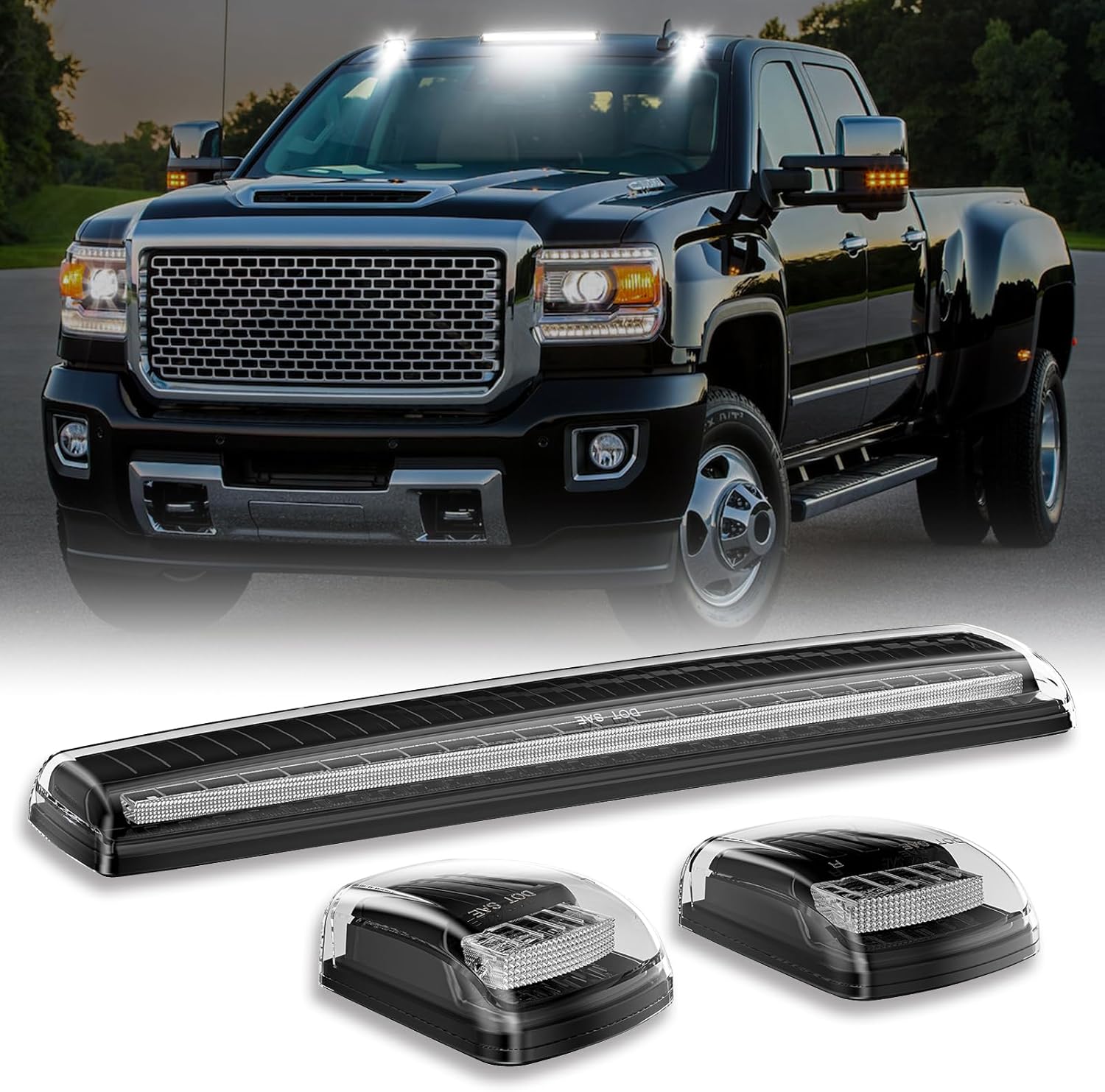 Smoked white and amber LED roof cab lights for 2015-2019 GMC Chevy HD trucks, exterior vehicle lighting by AutoLEDTech.com