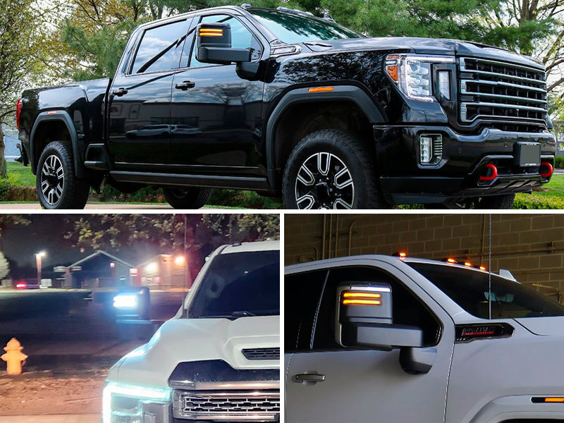 Smoked switchback LED mirror lights for 2020-2026 GMC Sierra and Chevy Silverado, exterior and interior mirror accessories.