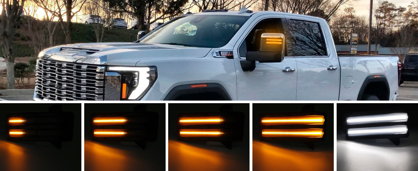 Smoked switchback LED mirror lights installed on a 2020-2026 GMC Sierra Silverado, showing interior and exterior lighting details.