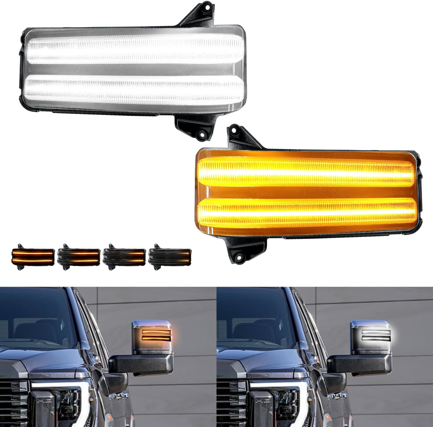 Smoked switchback LED mirror lights for 2020-2026 GMC Sierra and Chevy Silverado, exterior and interior vehicle lighting by AutoLEDTech.com