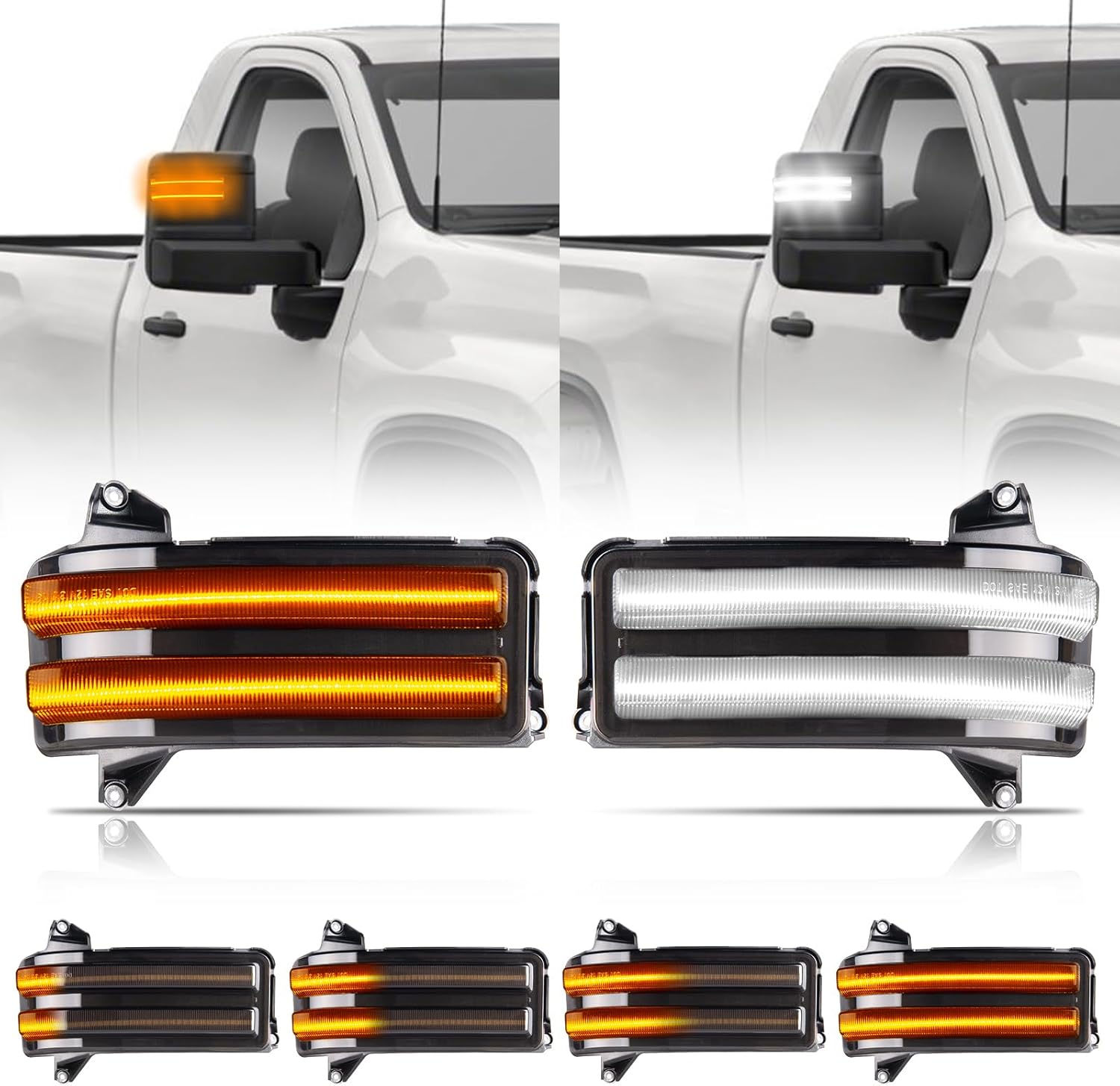 Smoked switchback LED mirror lights for 2020-2026 GMC Sierra and Chevy Silverado, interior and exterior use, from AutoLEDTech.com