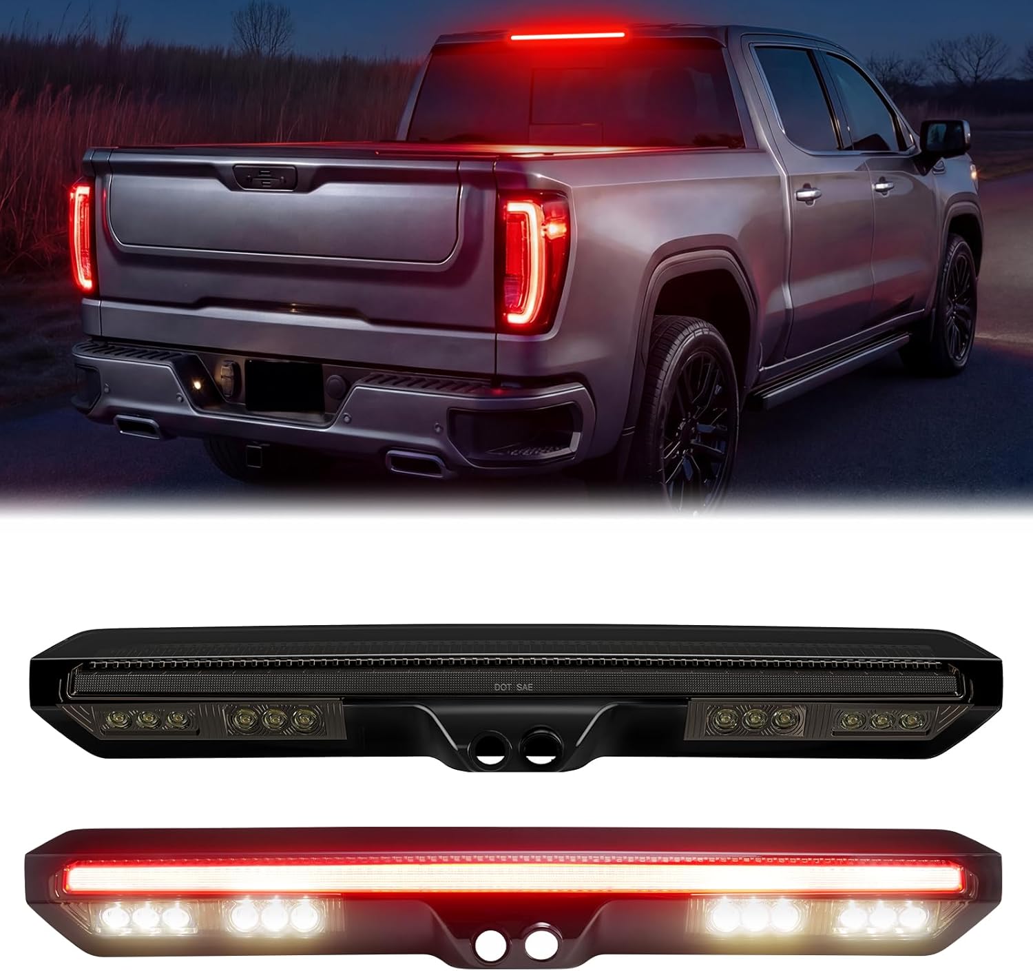 Smoked LED 3rd brake light for 2020-2026 GMC Sierra and Chevy Silverado trucks, featuring a sleek, tinted lens design.