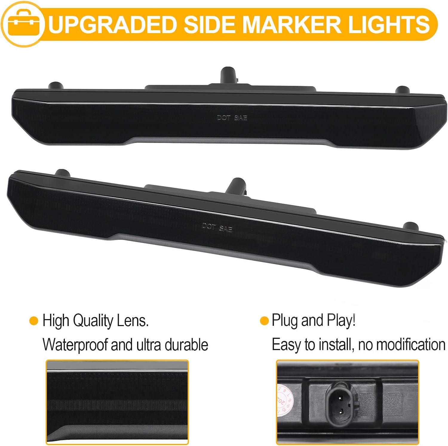 Smoked white and amber LED side markers for 2020-2026 GMC Sierra HD 2500, scanning LED design with bright illumination.