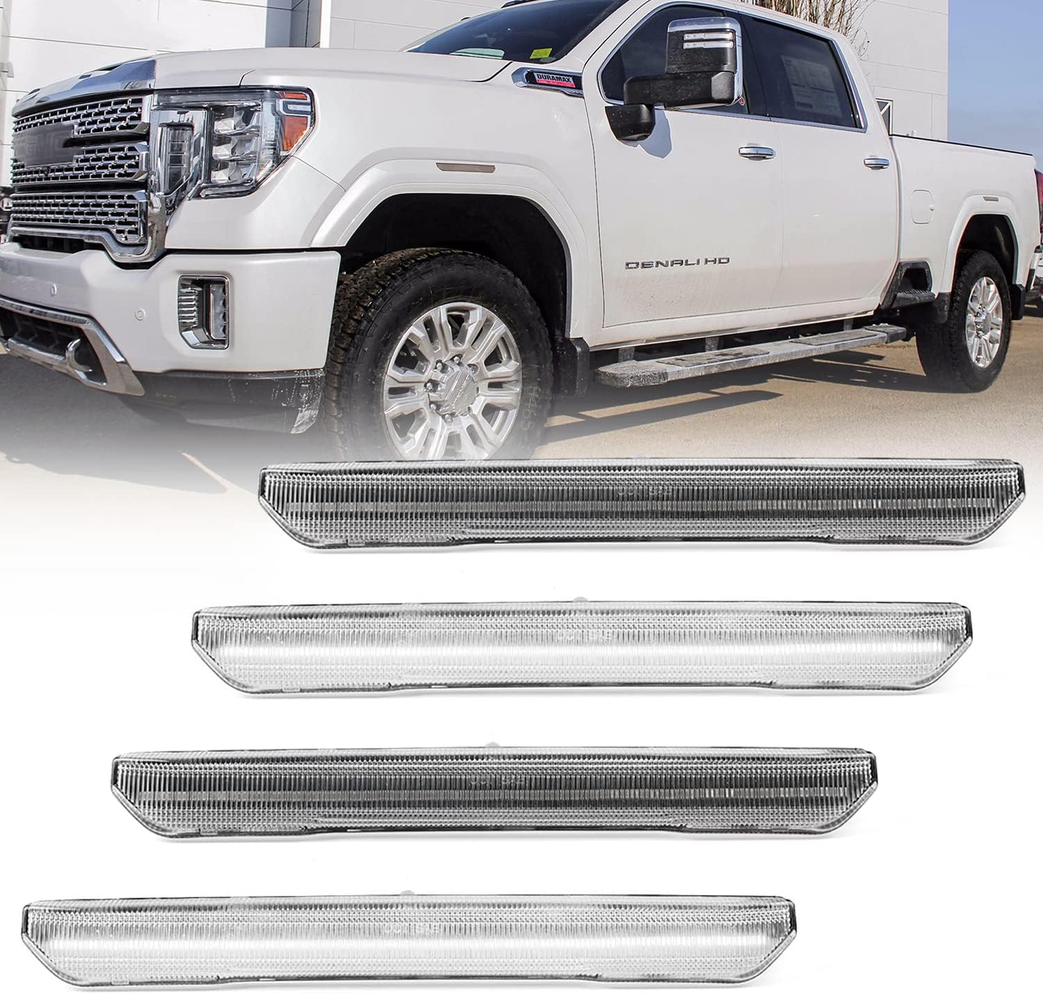 AutoLEDTech.com 2020-2026+ GMC Sierra HD 2500 Smoked White Amber SCANNING LED Side Markers, fitment detail