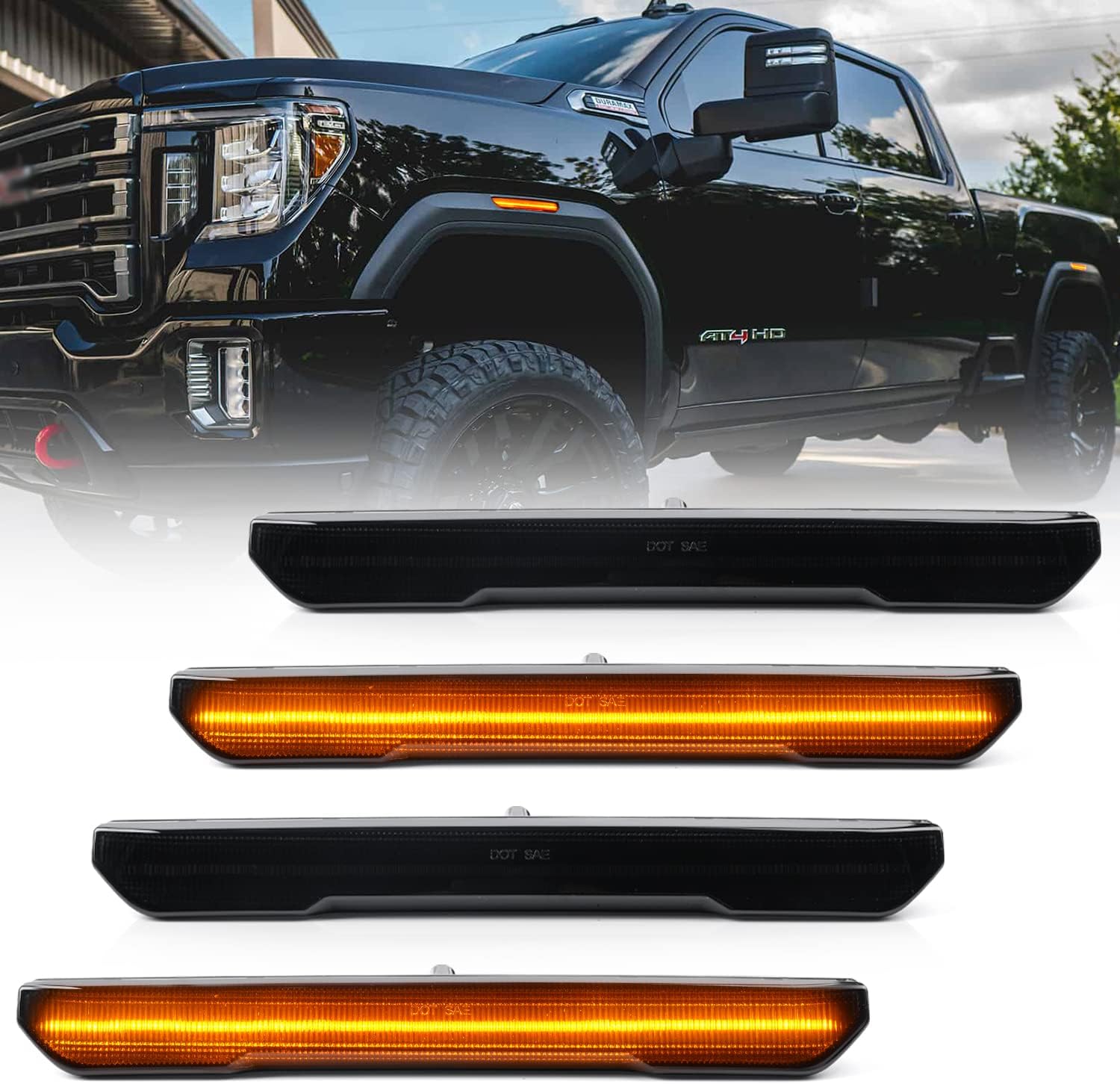 AutoLEDTech.com 2020-2026+ GMC Sierra HD 2500 Smoked White Amber SCANNING LED Side Markers, additional view