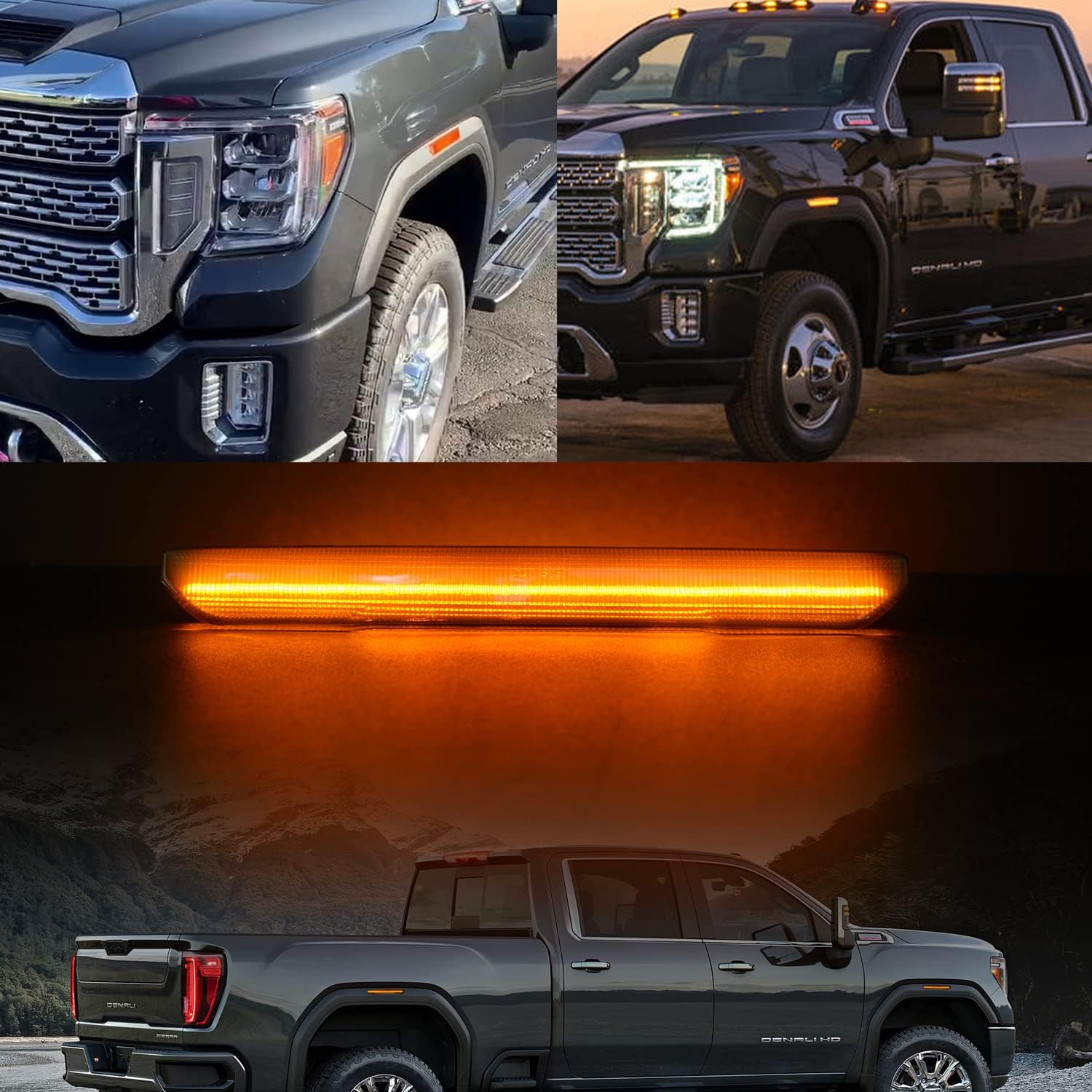 GMC Sierra HD 2500 smoked white amber scanning LED side markers from AutoLEDTech.com, rear side view with illuminated LEDs.