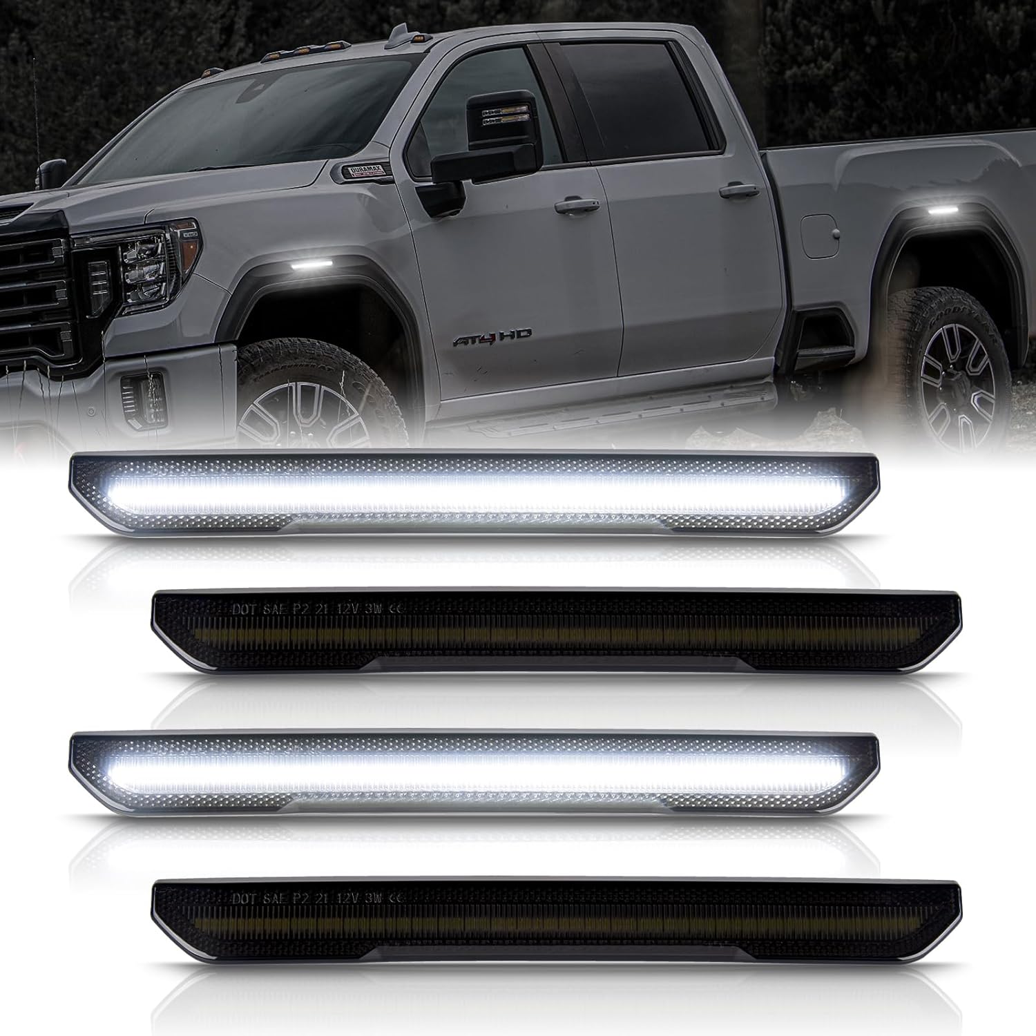 AutoLEDTech.com 2020-2026+ GMC Sierra HD 2500 Smoked White Amber SCANNING LED Side Markers, side view