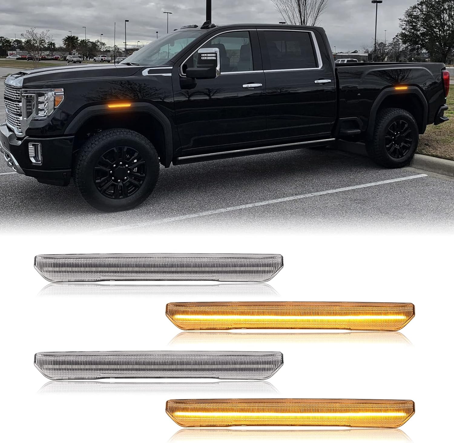 AutoLEDTech.com 2020-2026+ GMC Sierra HD 2500 Smoked White Amber SCANNING LED Side Markers, package contents