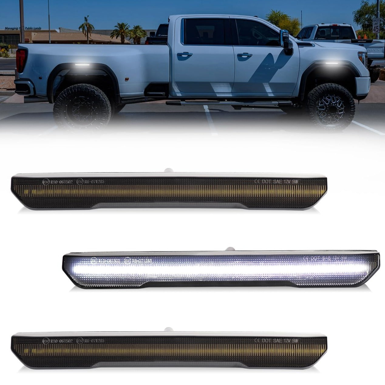 AutoLEDTech.com 2020-2026+ GMC Sierra HD 2500 Smoked White Amber SCANNING LED Side Markers, angled view