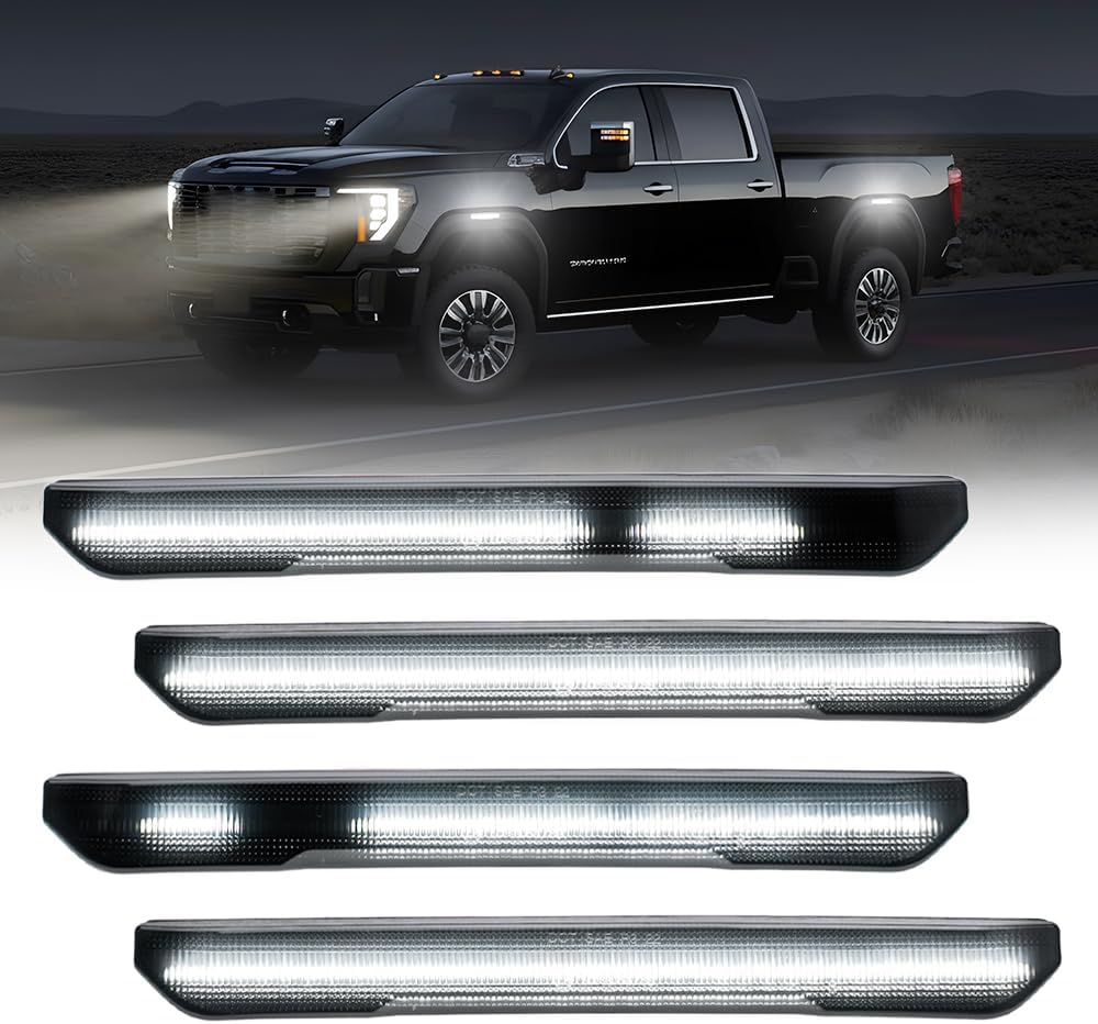 2023-2026 GMC Canyon smoked white amber scanning LED side markers installed on vehicle side, showcasing automotive lighting detail