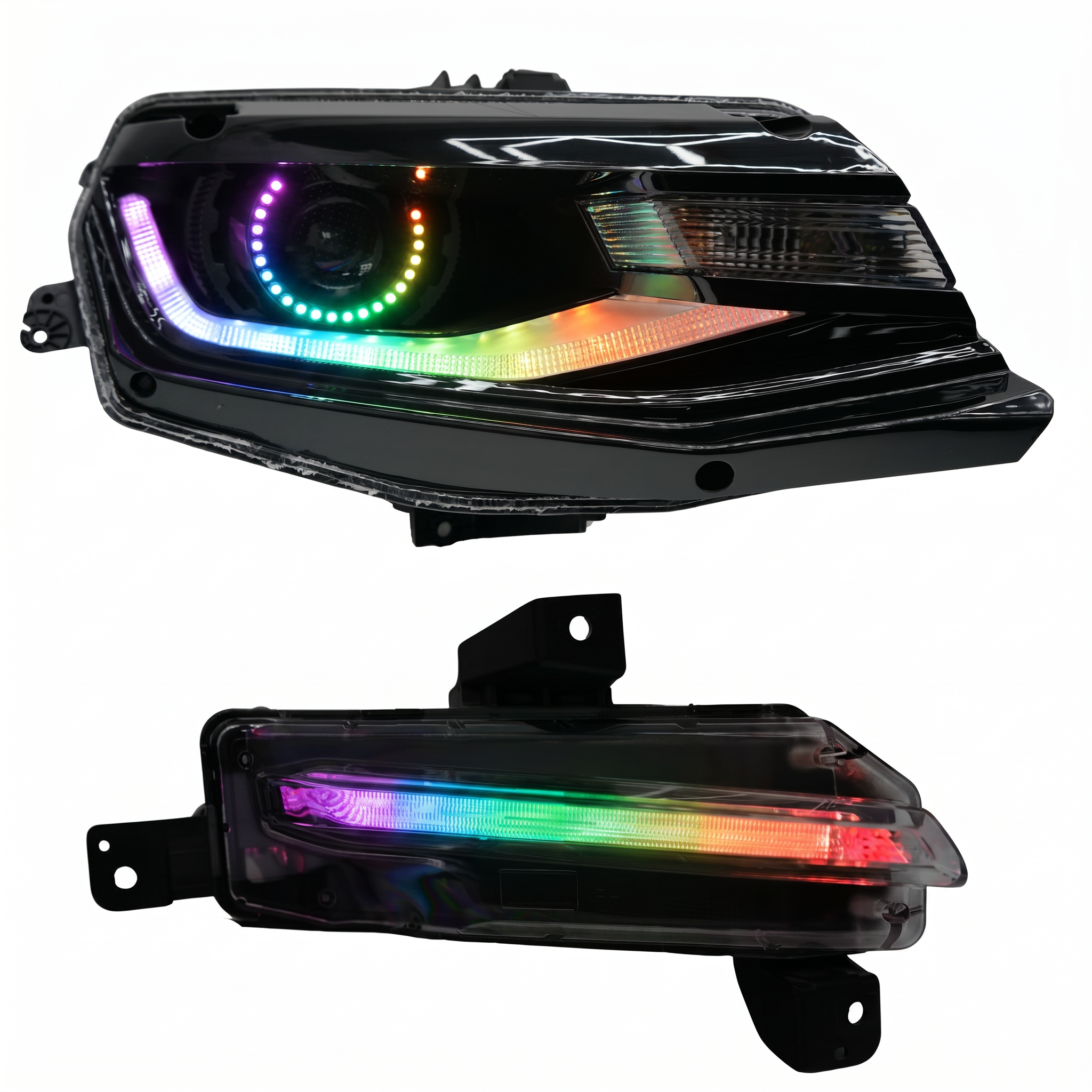 Chevrolet Camaro 2016-2018 RGB Halo Kits Flow Series multicolor DRL boards with vibrant LED lighting in a close-up image.