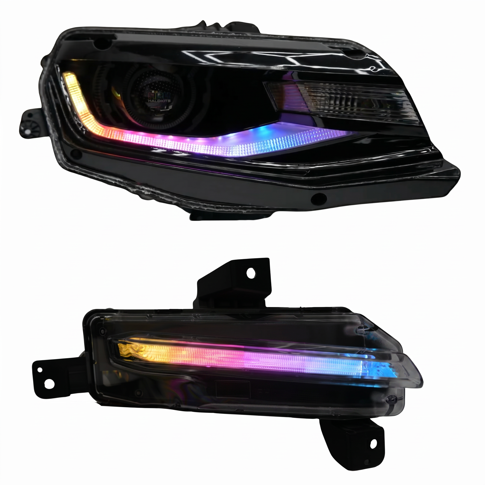 Chevrolet Camaro 2016-2018 RGB Halo Kits Flow Series multicolor DRL boards installed on vehicle front grille.