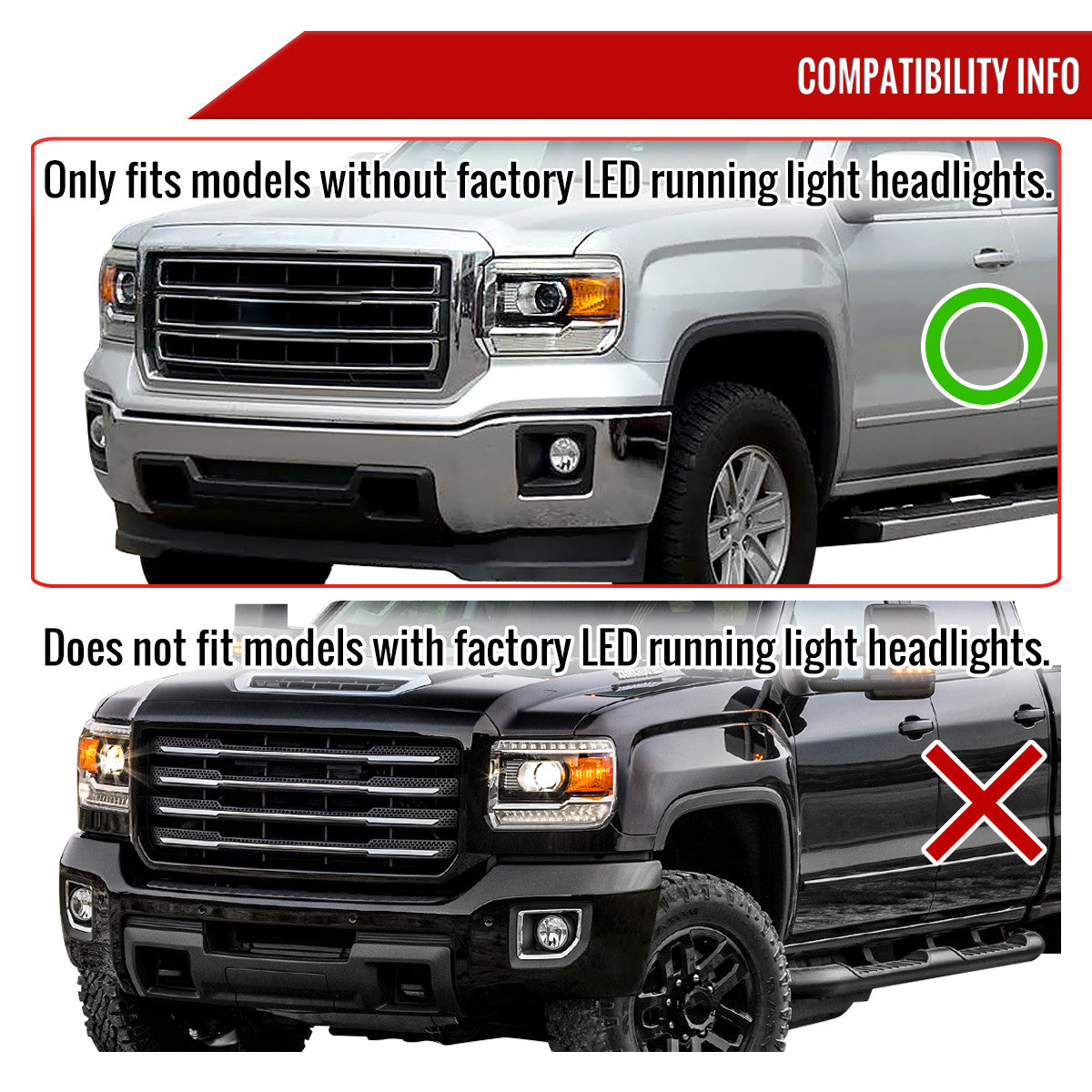 NTXGlow RGB headlights for 2014-2019 GMC Sierra 1500, 2500, 3500 showing bright, colorful LED headlight beams on a truck.