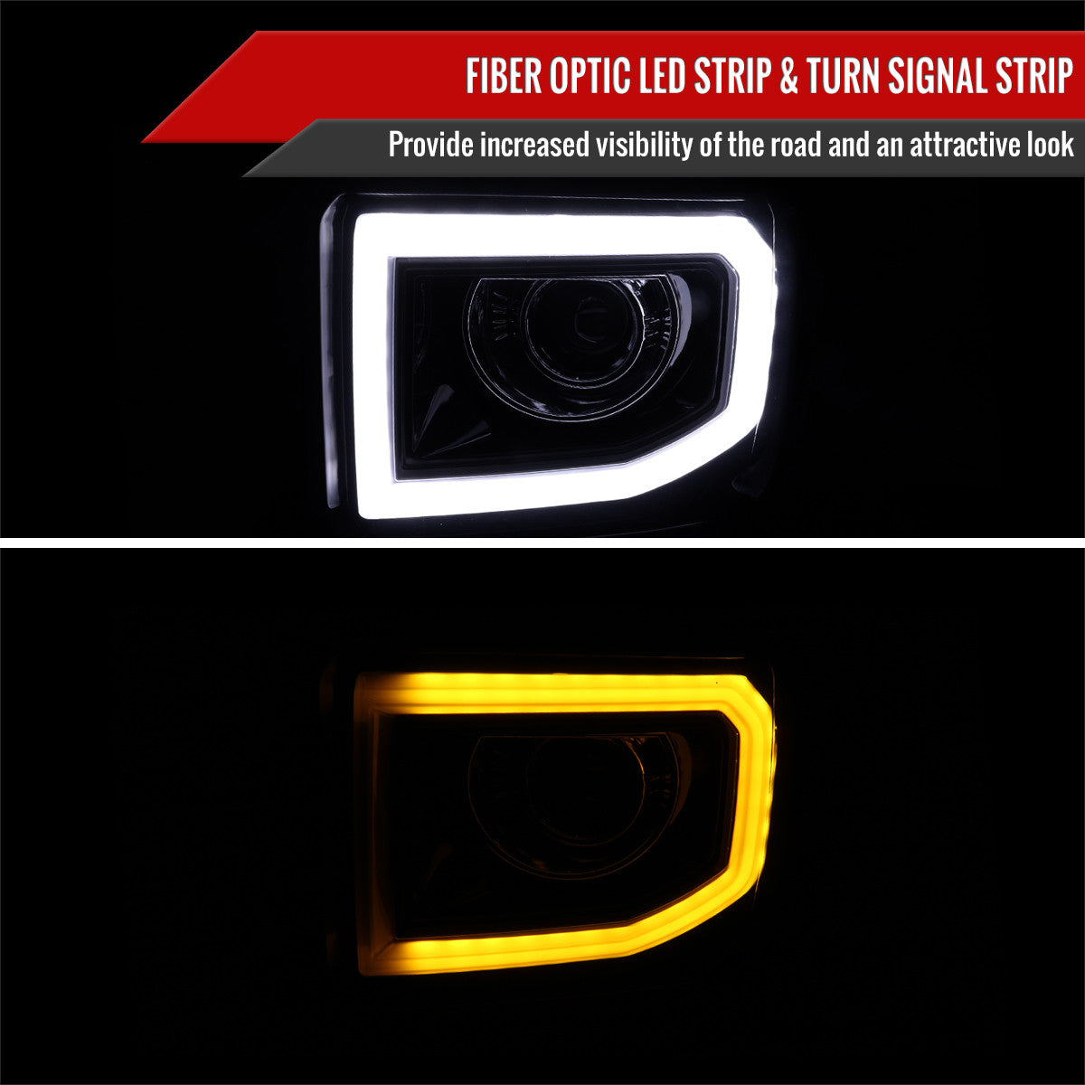 NTXGlow RGB headlights for 2014-2019 GMC Sierra 1500, 2500, 3500 trucks showing vibrant illuminated headlights.