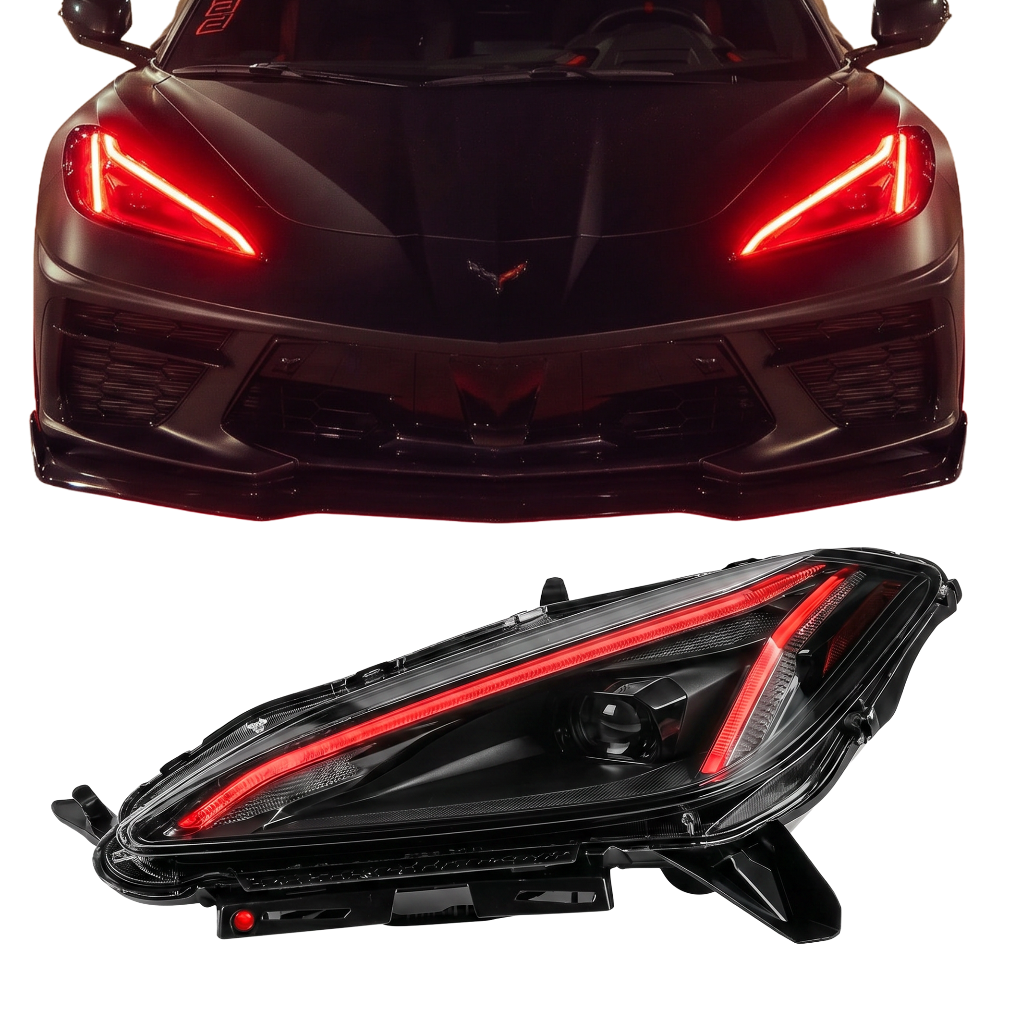 Chevrolet Corvette C8 RGBW+A DRL Boards from RGB Halo Kits, close-up view of LED daytime running light boards on the 2020-2025 model