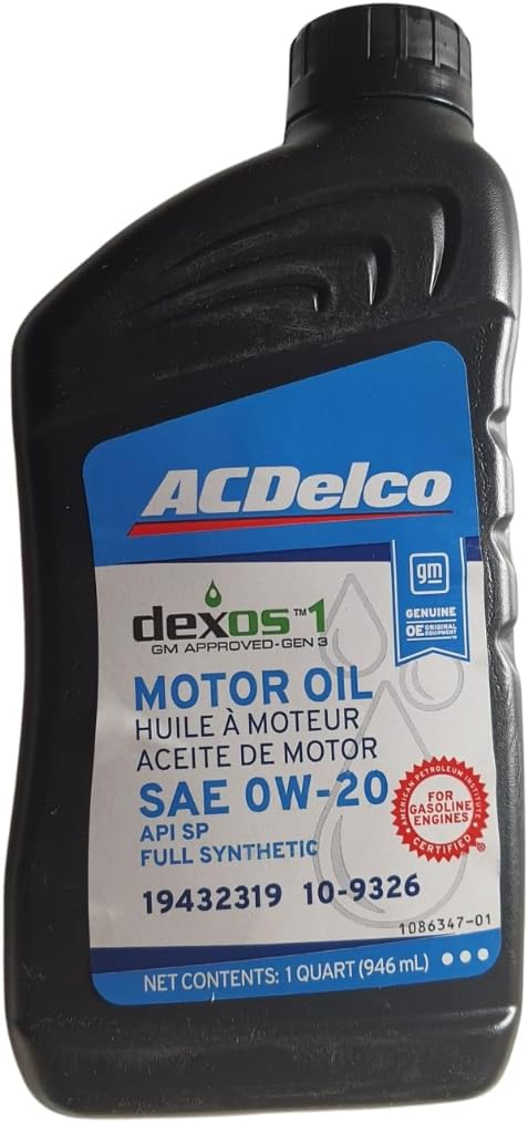 GM ACDelco 109326 0W-20 dexos1 Gen 3 Full Synthetic Motor Oil 1 Quart (8 pack)