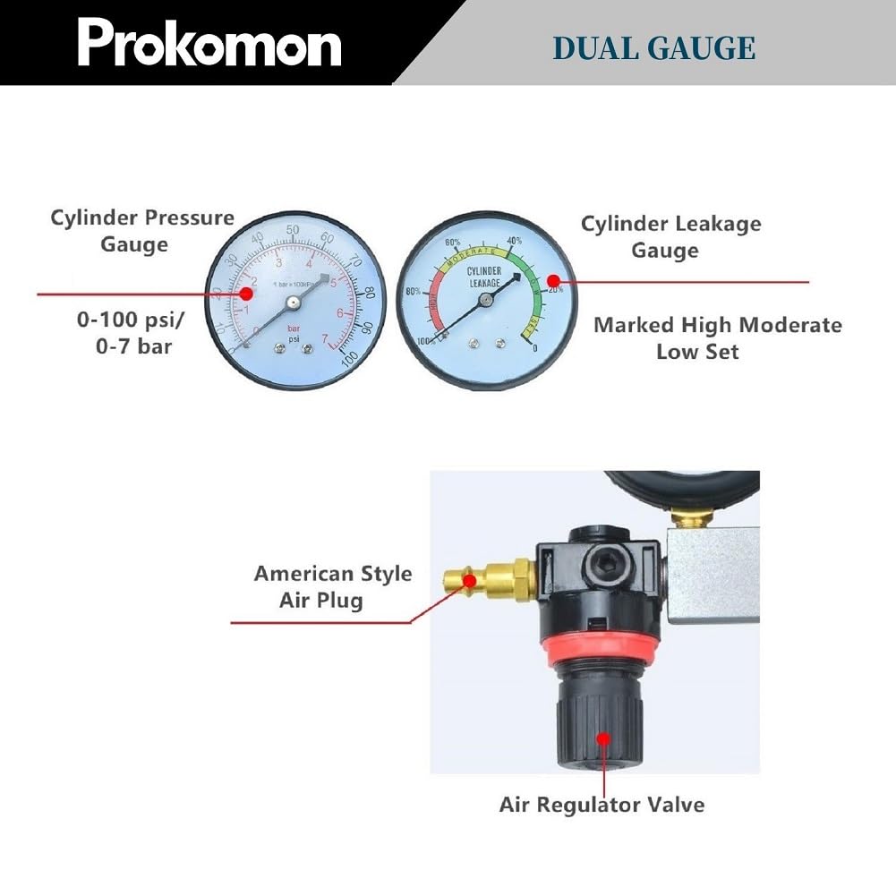 Engine Cylinder Leak Down Tester Kit;Gasoline Engine Leakdown Tester Kit with Extension Rod;Cylinder Leakage Tester Set for Pressure Check and Leakage Rate Test