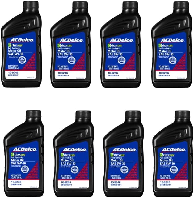 ACDelco 109246 SAE 5W-30 dexos1 Gen 2 full synthetic motor oil quart pack, with eight bottles on a white background.