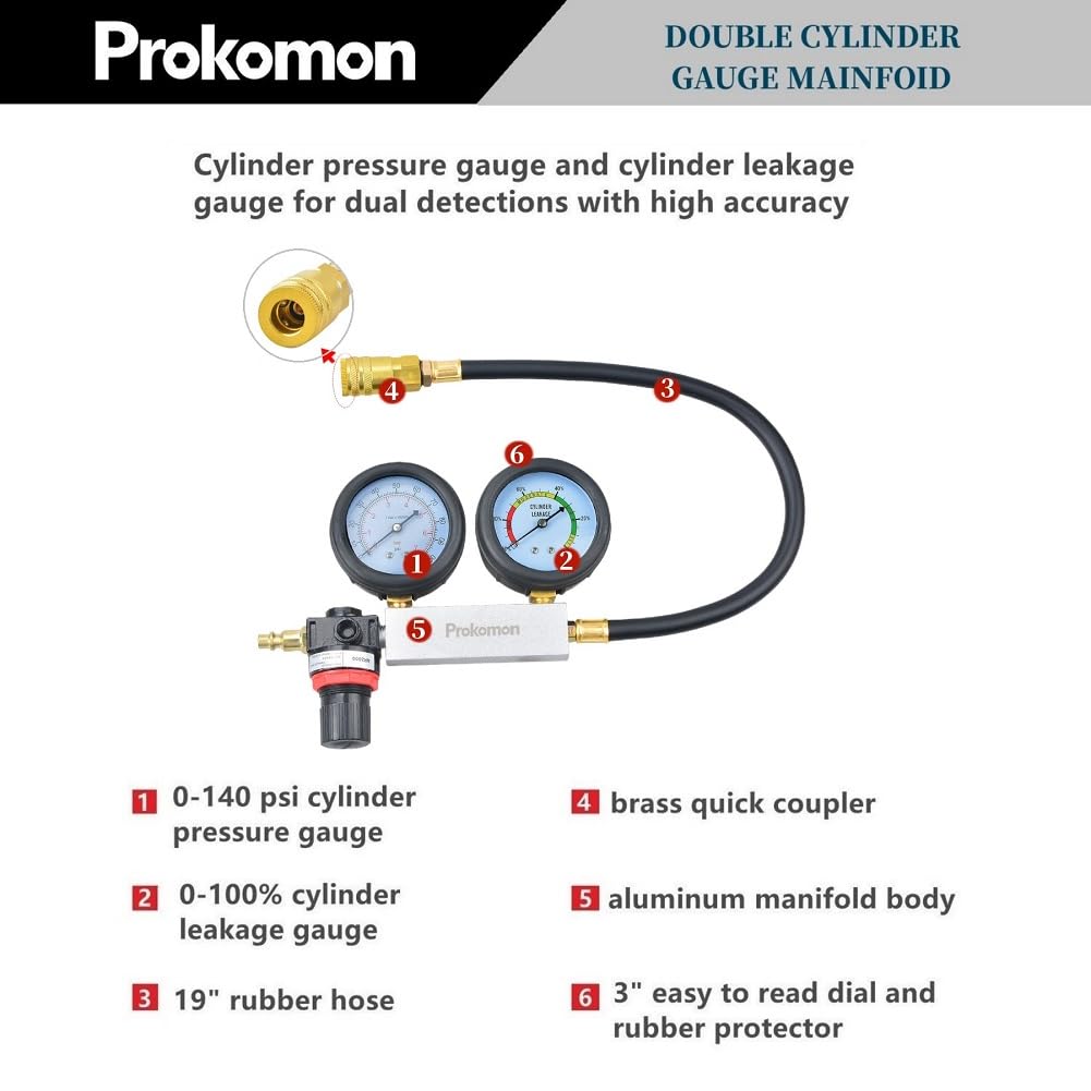 Engine Cylinder Leak Down Tester Kit;Gasoline Engine Leakdown Tester Kit with Extension Rod;Cylinder Leakage Tester Set for Pressure Check and Leakage Rate Test