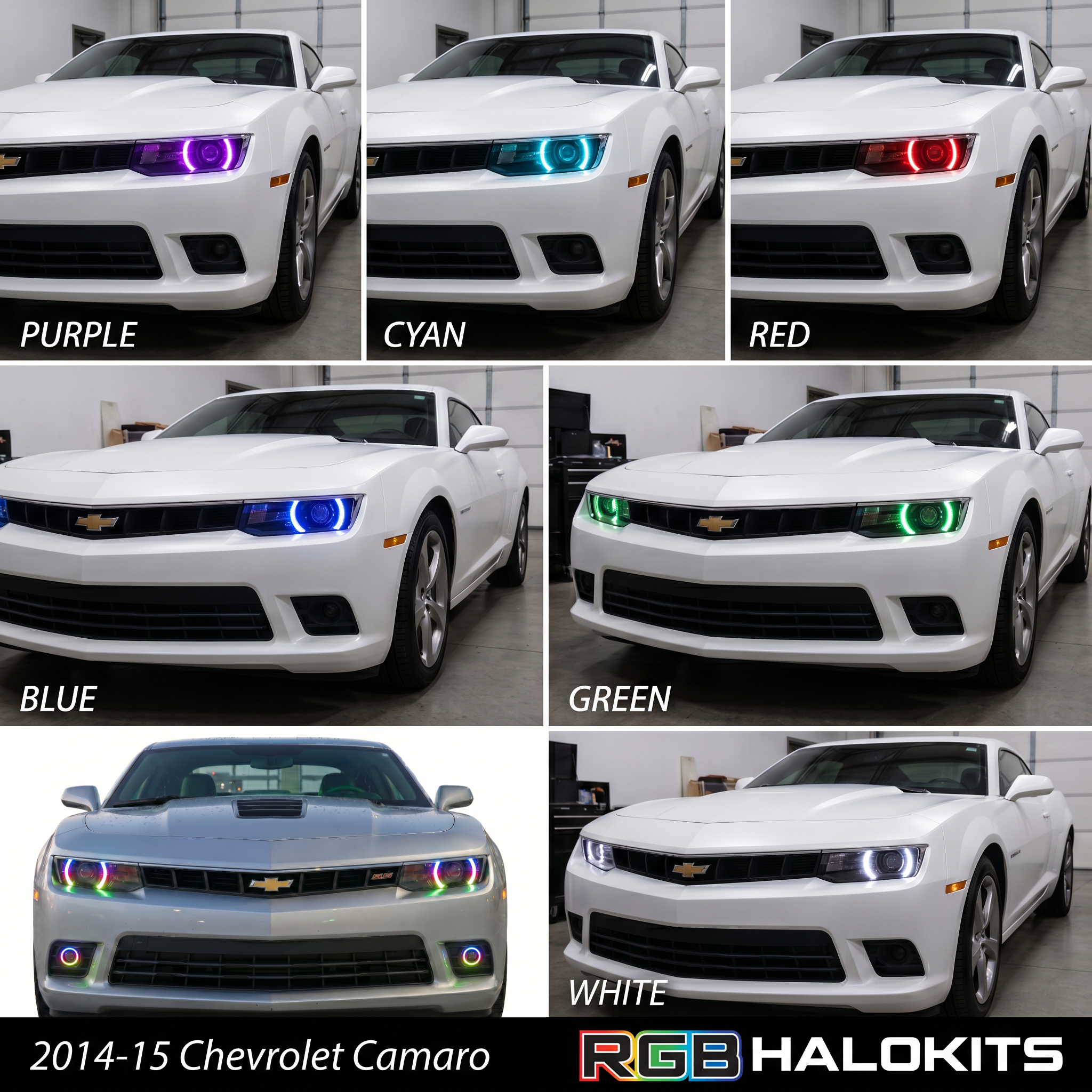 Multicolor DRL boards for Chevrolet Camaro RS/SS with RGB Halo Kits, 2014-2015 model, featuring vibrant LED lighting.