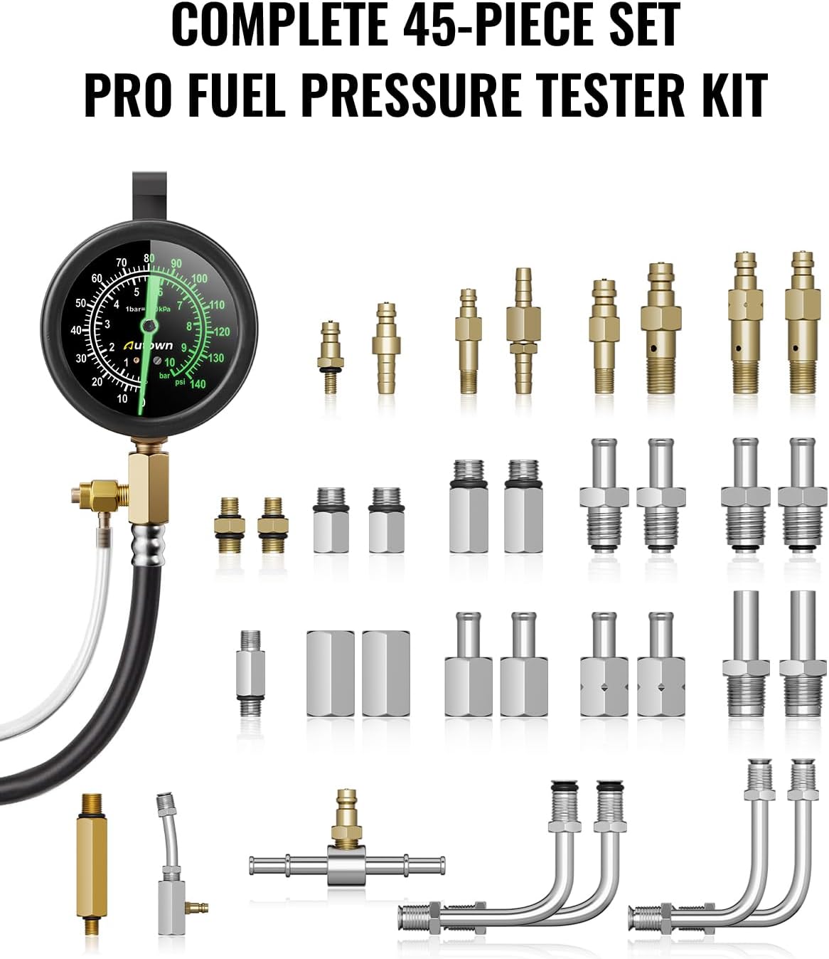 AUTOWN 45-Piece Pro Fuel Pressure Tester Kit, 0-140 PSI Fluorescent Glow Gauge, Complete Adapters for Gasoline Cars, Trucks & SUVs