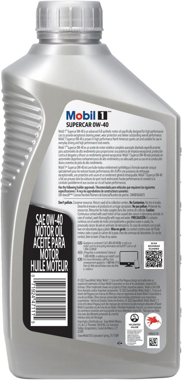 Mobil 1 Supercar Advanced Full Synthetic Motor Oil 0W-40, 1 QT (Pack of 6)