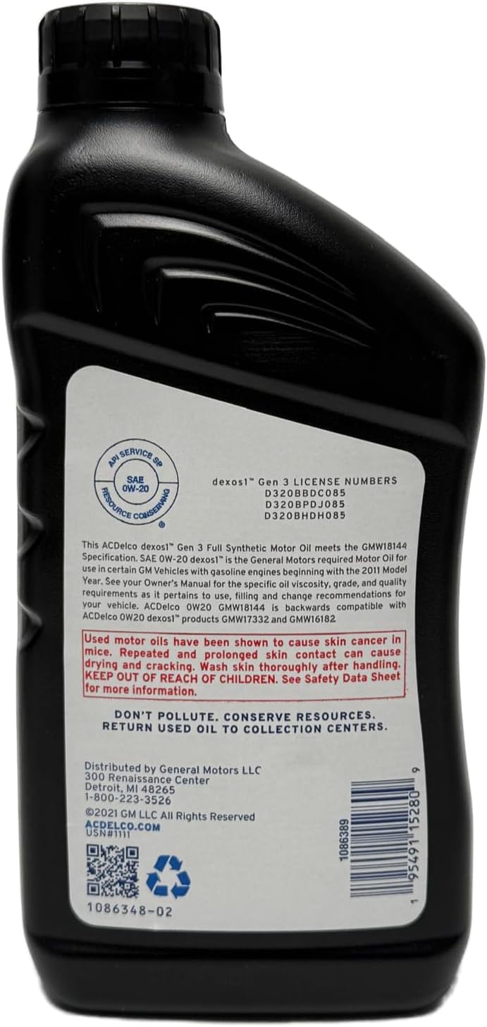 ACDelco GM Original Equipment 10-9326 (19432319) dexos™1 GEN 3 Full Synthetic 0W-20 Motor Oil - 1 qt (Case of 12)