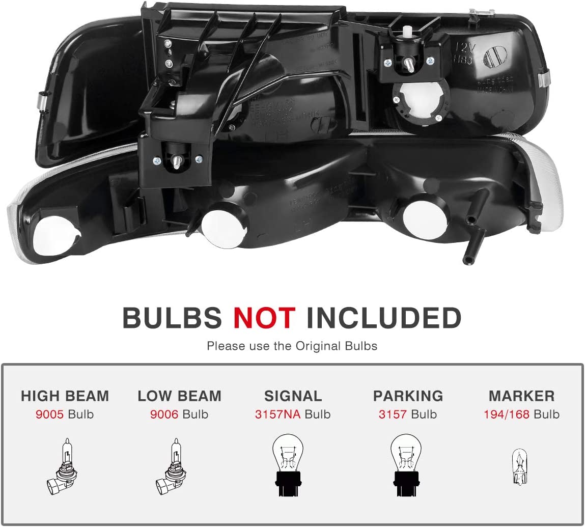 NTXGlow Autosaver88 headlight assembly for Chevy Silverado, Tahoe, and Suburban with black housing and amber reflector, front view