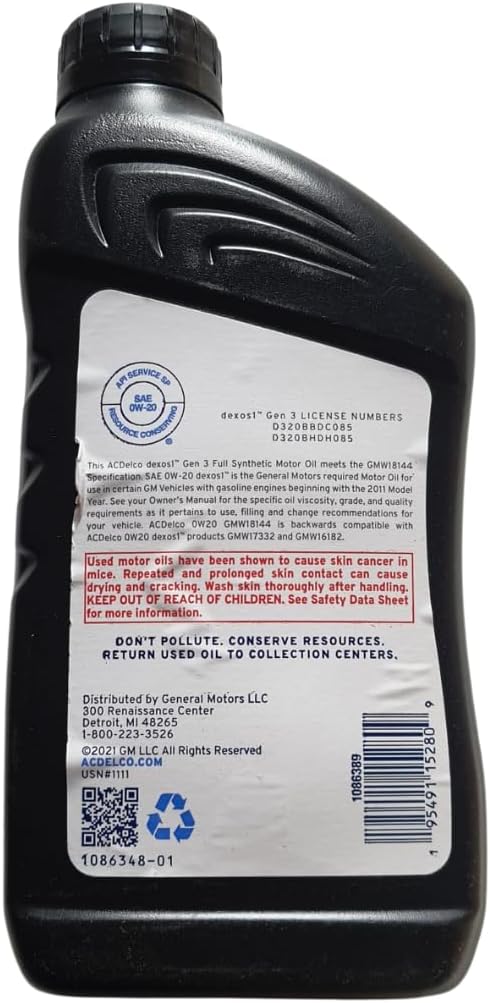 GM ACDelco 109326 0W-20 dexos1 Gen 3 Full Synthetic Motor Oil 1 Quart (8 pack)