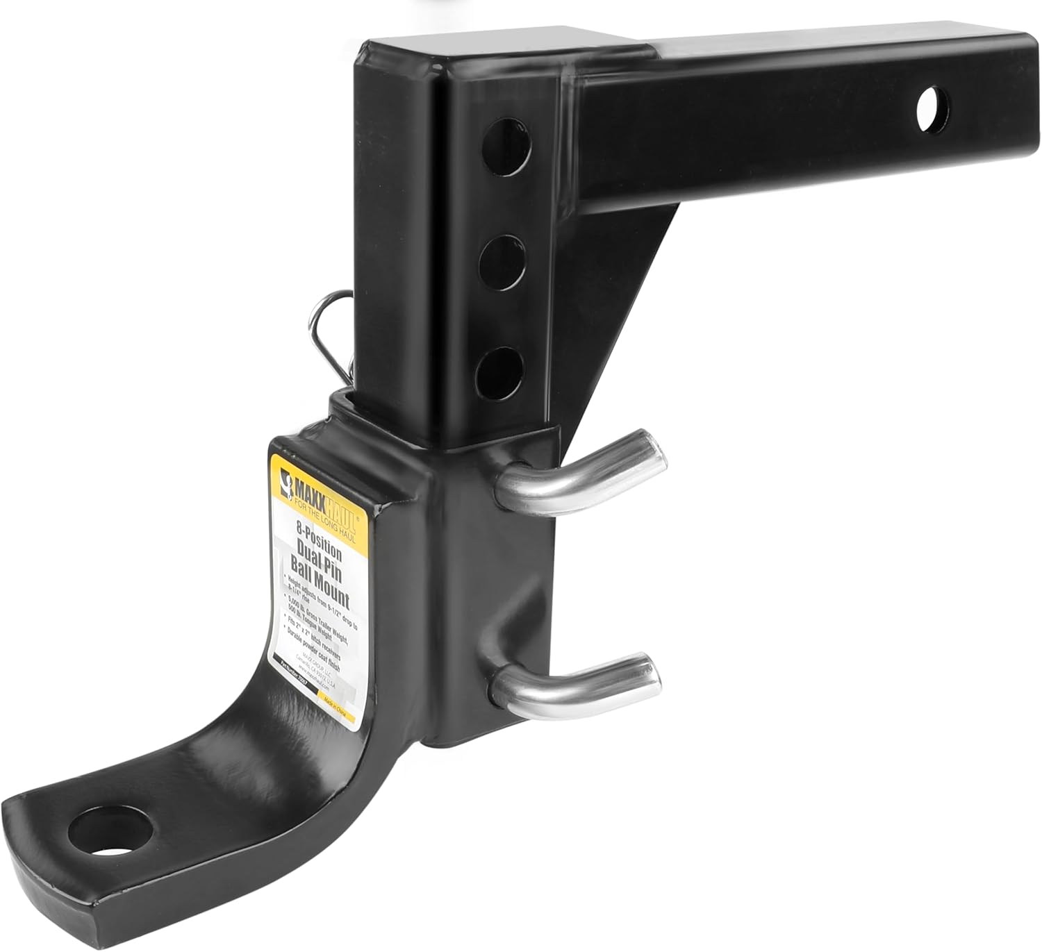 MaxxHaul Adjustable Ball Mount, 5,000 lb Towing Capacity with 8‑Position Height Adjustment, Fits 2" Receivers, Heavy‑Duty Steel Tow Hitch with Dual‑Pin System (70067)