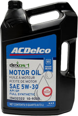 ACDelco GM Original Equipment 10-9330 synthetic 5W-30 motor oil bottle with label and cap, 5-quart size, for vehicle engine lubrication