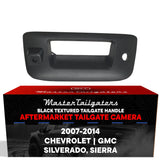 Black aftermarket Chevrolet Silverado GMC Sierra tailgate handle with backup camera, compatible with 2007-2014 models, by Master Tailgaters.