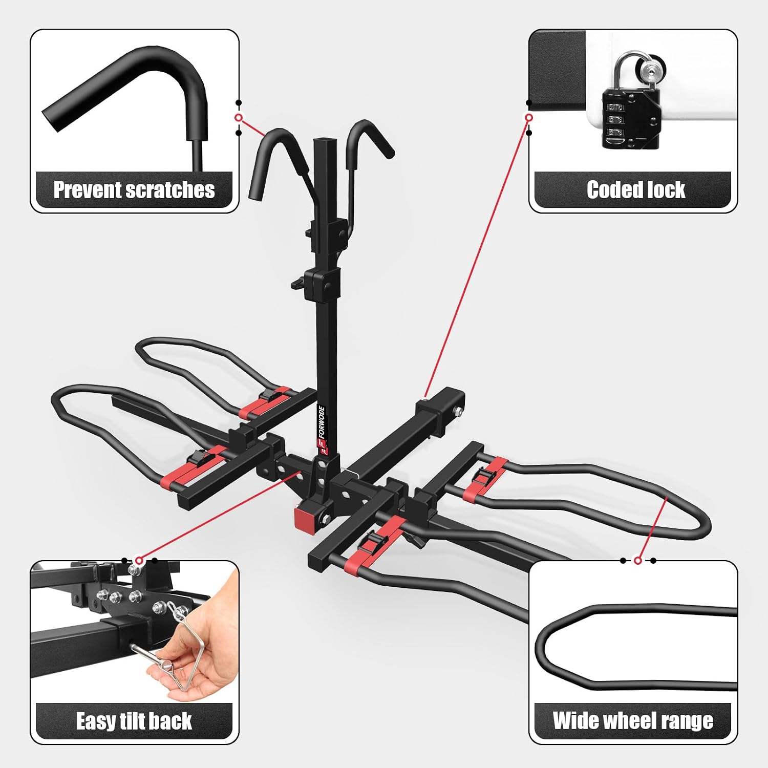 FORWODE Bike Rack Hitch for Car, 200 LB 2-Bike Racks with Coded Lock, Wobble Free Smart Tilting Hitch Mount Bike Rack for 2 Inch Receiver, Bike Carrier Fits Up to 5 Inch Fat Tire Electric Bike for Car