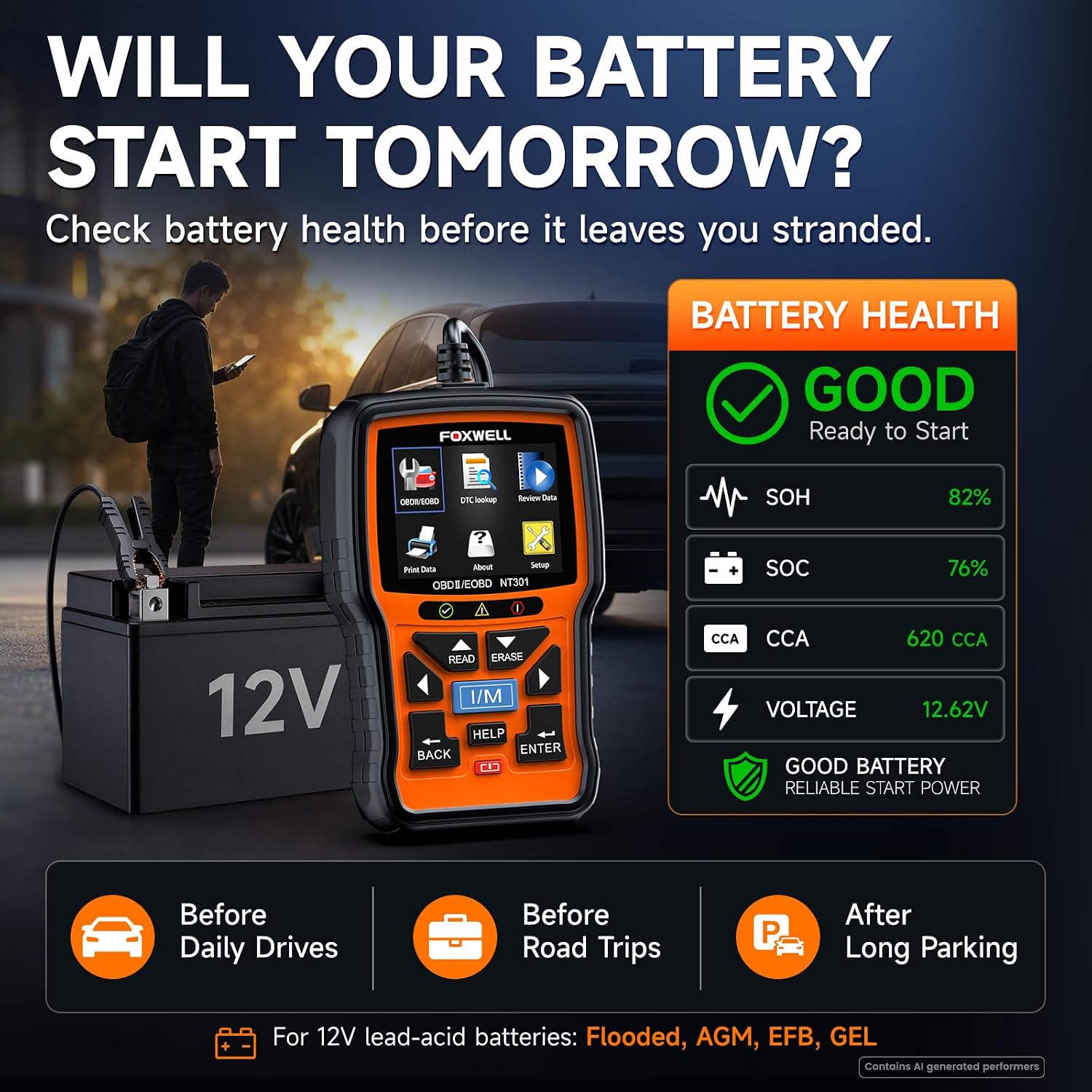 FOXWELL NT301 Plus 2-in-1 OBD2 Scanner & 12V Car Battery Tester