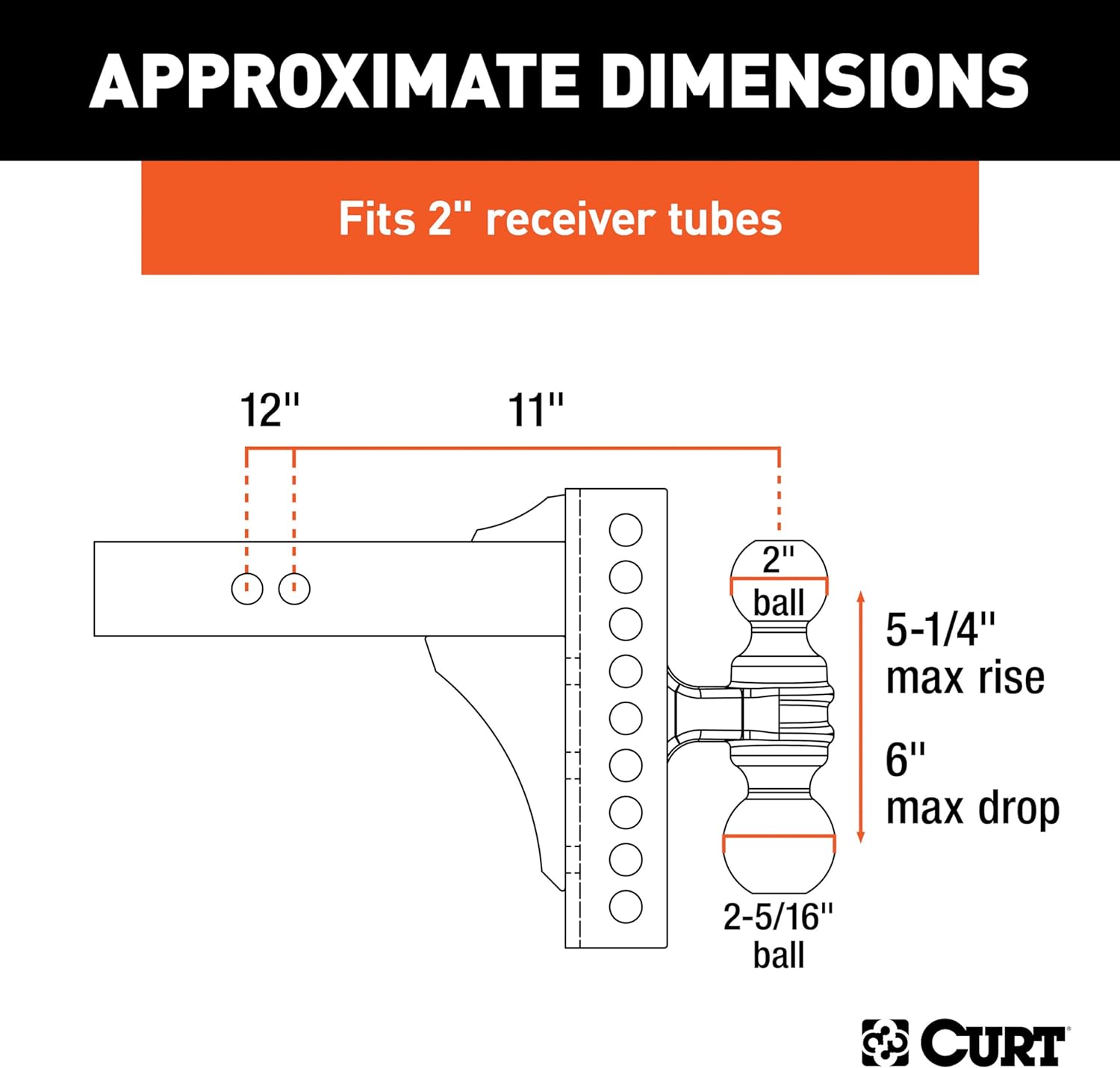 CURT 45900 Adjustable Dual-Ball Channel Mount, 2" Shank, 6" Drop | 2" Ball Rated 10,000 lb, 2-5/16" Ball Rated 14,000 lb, 5-1/4" Rise, 11" or 12" Length, Built-In Anti-Rattle