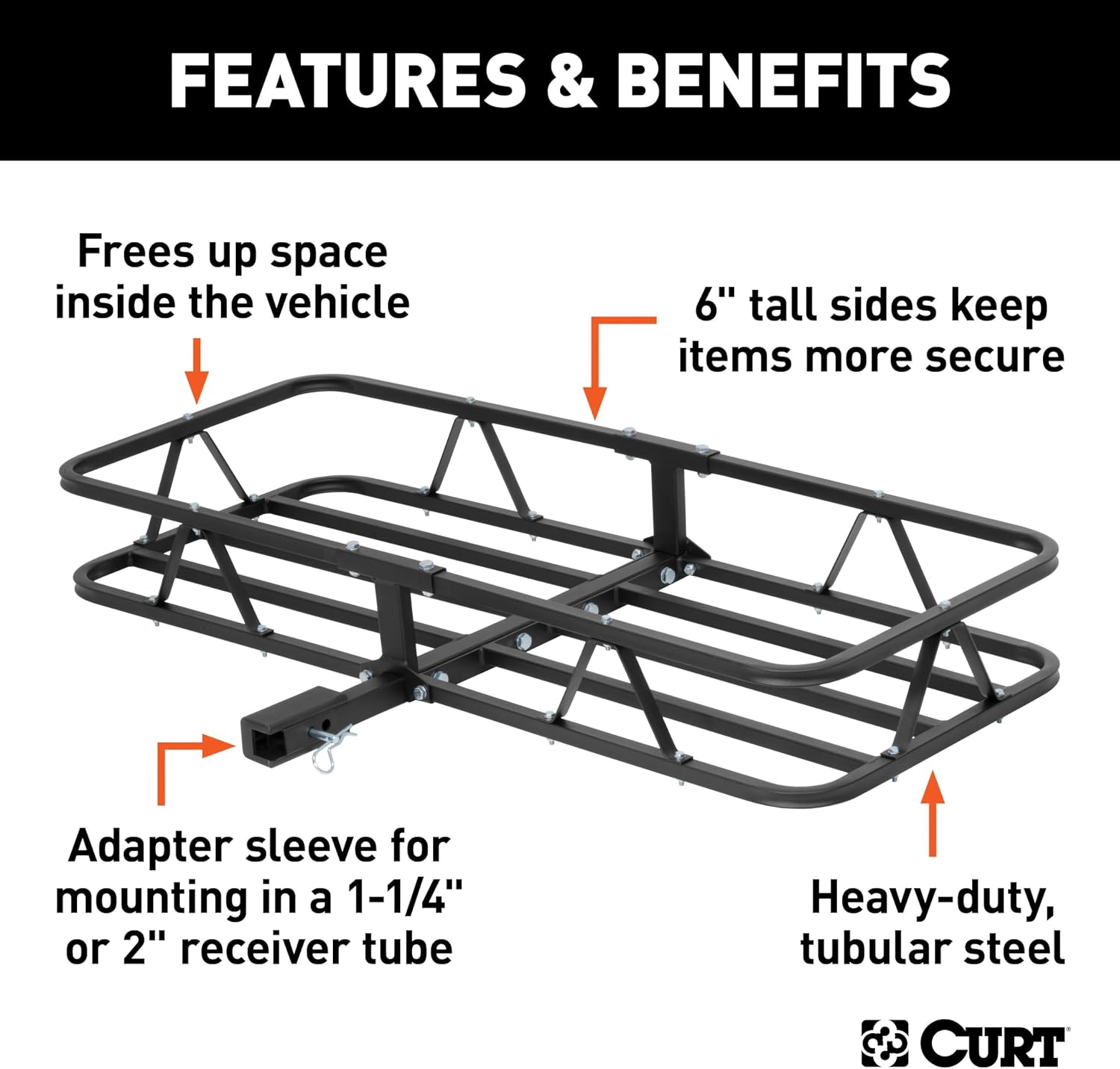 CURT 18145 Cargo Basket Hitch Trailer Hitch Cargo Carrier, 500 lbs. Capacity, 46-1/2-Inch x 17-1/2-Inch x 5-1/2-Inch, Fits 1-1/4 or 2-Inch Receiver
