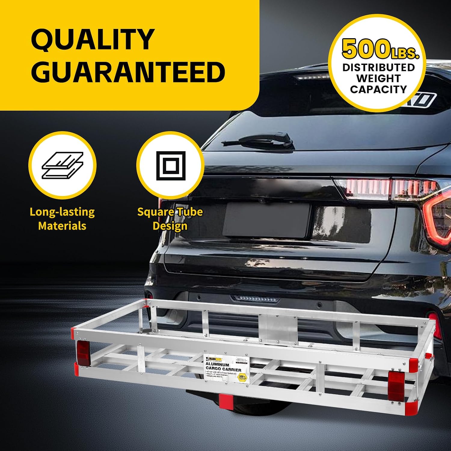 MaxxHaul 70108 Aluminum Cargo Carrier With High Side Rails- Trailer Hitch Mount For RV's, Trucks, SUV's, Vans, Cars With 2" Hitch Receiver - 500-lb Load Capacity, Grey, 49" x 22.5"