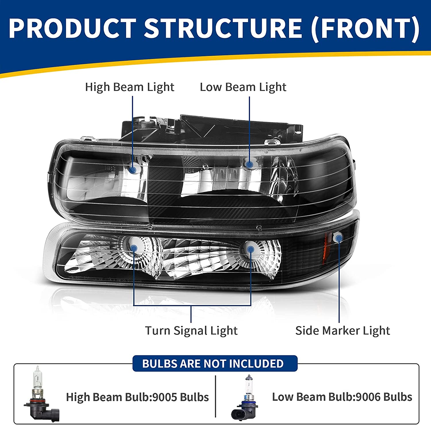 NTXGlow Autosaver88 headlight assembly for 1999-2006 Chevy Silverado, Tahoe, Suburban with black housing and amber reflector.