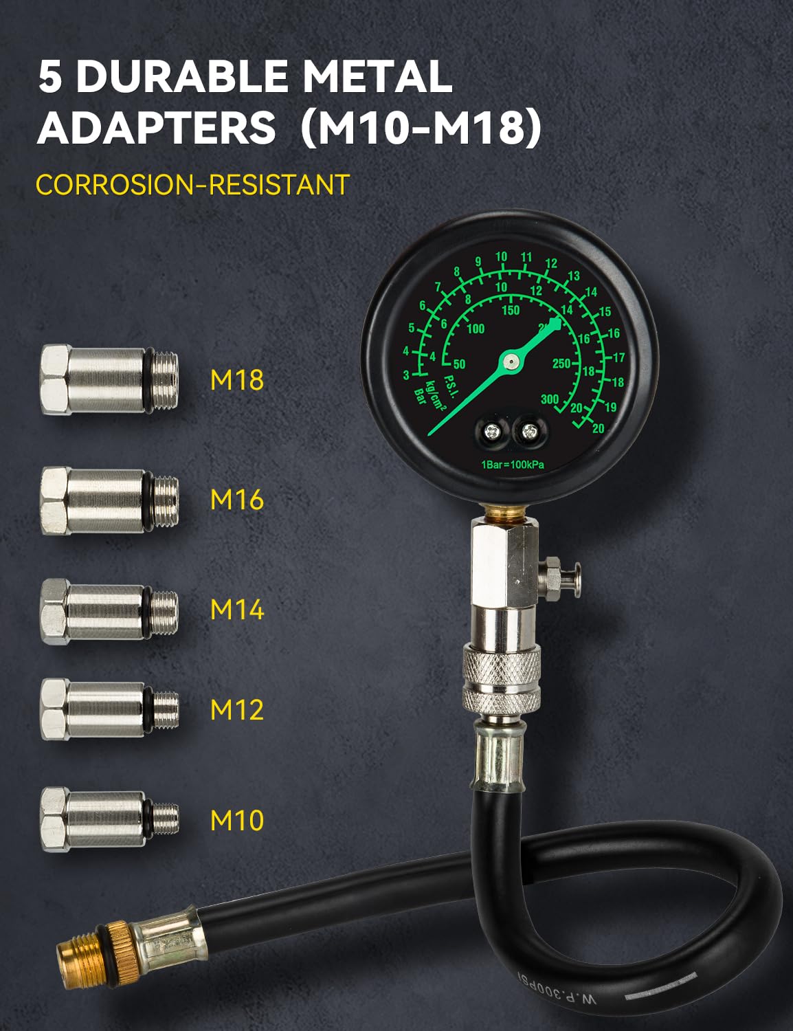 AUTOWN Professional Compression Tester Kit with Fluorescent Gauge – 300 PSI Triple-Scale, 2 Spark Plug Testers, 13-Piece Set for Car, Truck, ATV & Small Gas Engines