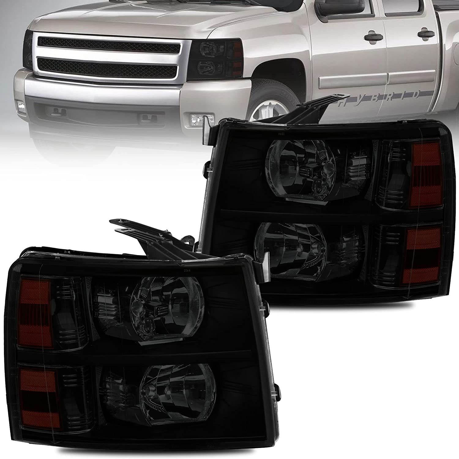 NTXGlow MOSTPLUS headlight assembly for Chevy Silverado with black housing, clear lens, and amber reflector, vehicle lighting upgrade