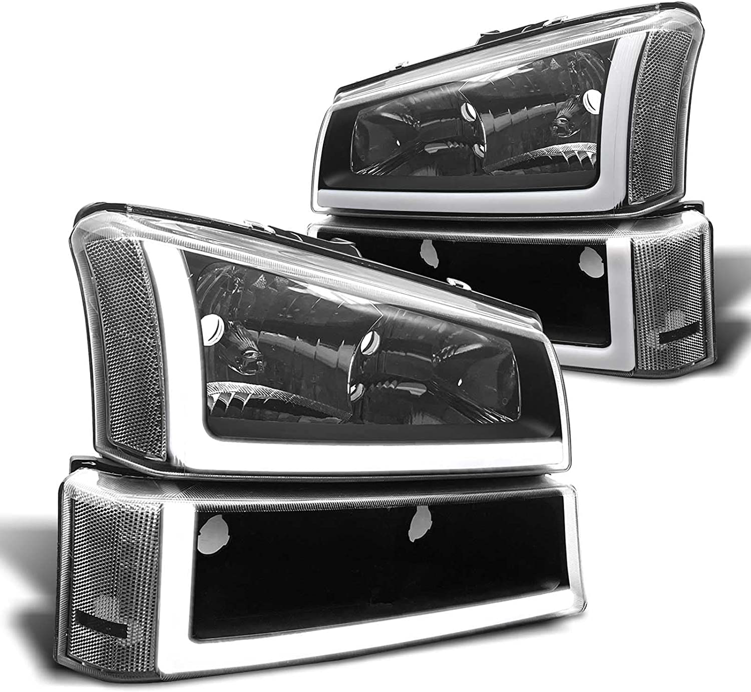 NTXGlow Silverado headlight assembly for 2003-2006 Chevy Avalanche, clear chrome lens with amber reflector, left and right replacements