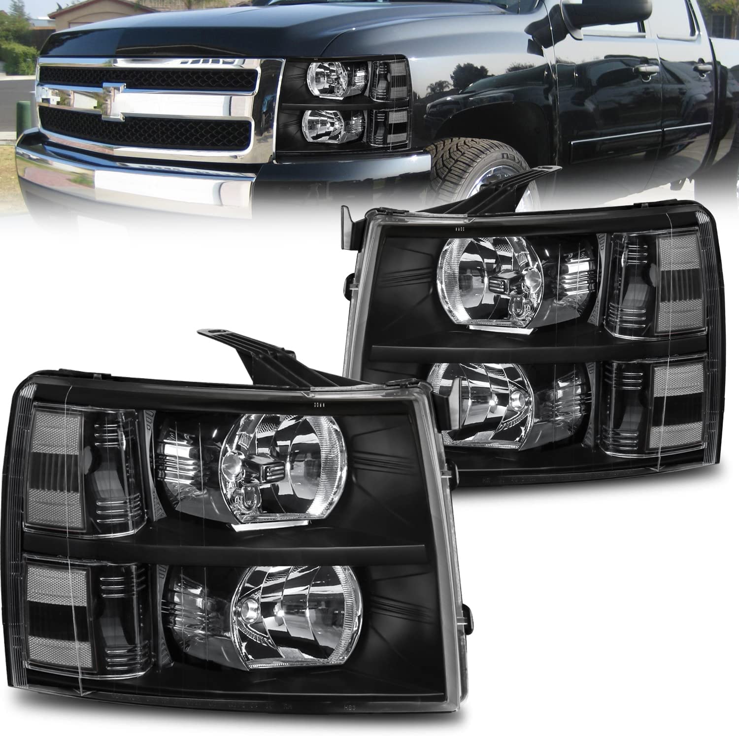 NTXGlow MOSTPLUS headlight assembly for Chevy Silverado with black housing, clear lens, and amber reflector, automotive lighting.