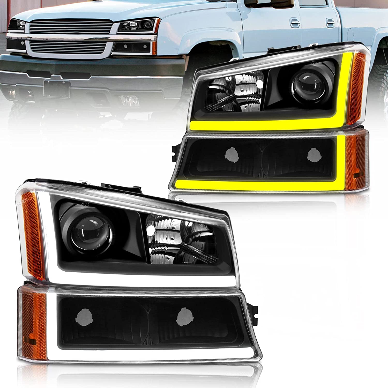 NTXGlow LED headlight assembly for 2003-2006 Chevy Silverado Avalanche, clear chrome lens with amber reflector, front left and right.