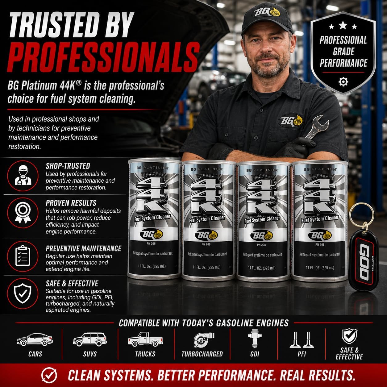 BG Platinum 44K Fuel System Cleaner, 4 Pack 11 oz Cans, Gasoline Fuel Injector Cleaner for Cars, Trucks and SUVs, GDI and PFI Engines, Includes Keychain