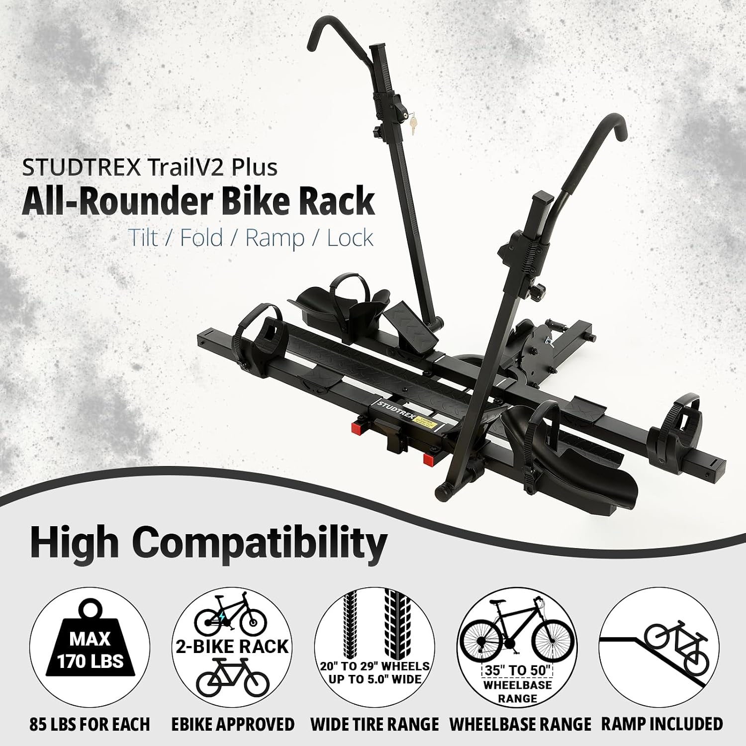 TrailV2 Plus Hitch 2 Ebike Rack with Ramp, Tilt, Fold, Anti-Theft Hitch & Wheel Locks, Heavy Duty 170 lbs Capacity, Fits 2" Receiver, Max 5" Fat Tires, Electric Bike Rack for Car, SUV, Truck, RV