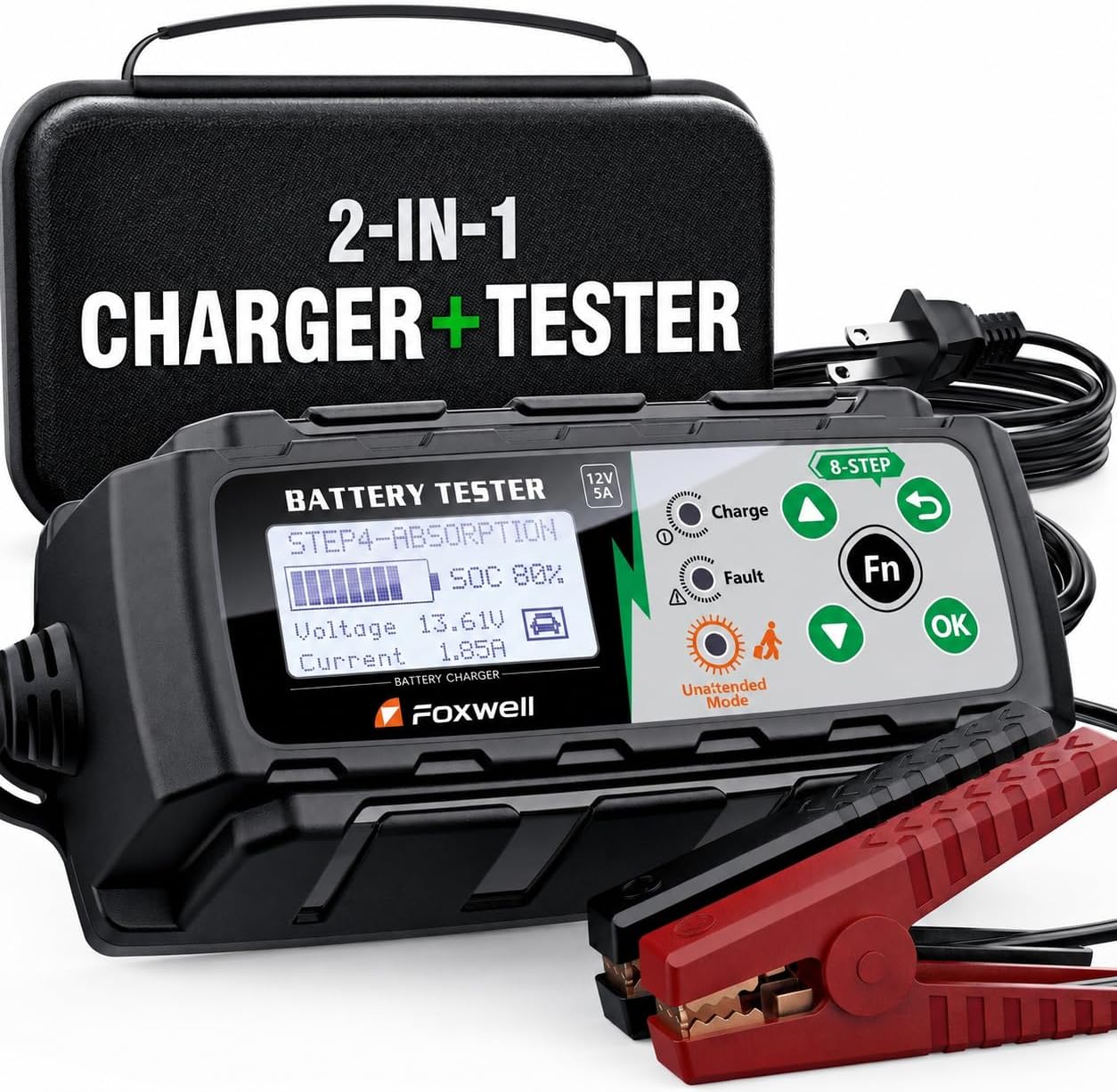 FOXWELL BC521 2-in-1 Battery Charger & Tester, Test Before Charging 12V 5A