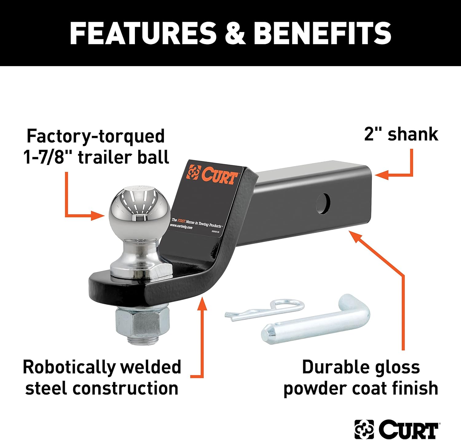 CURT Manufacturing 45034 Class III 2" Loaded Ball Mount with 1-7/8" Ball