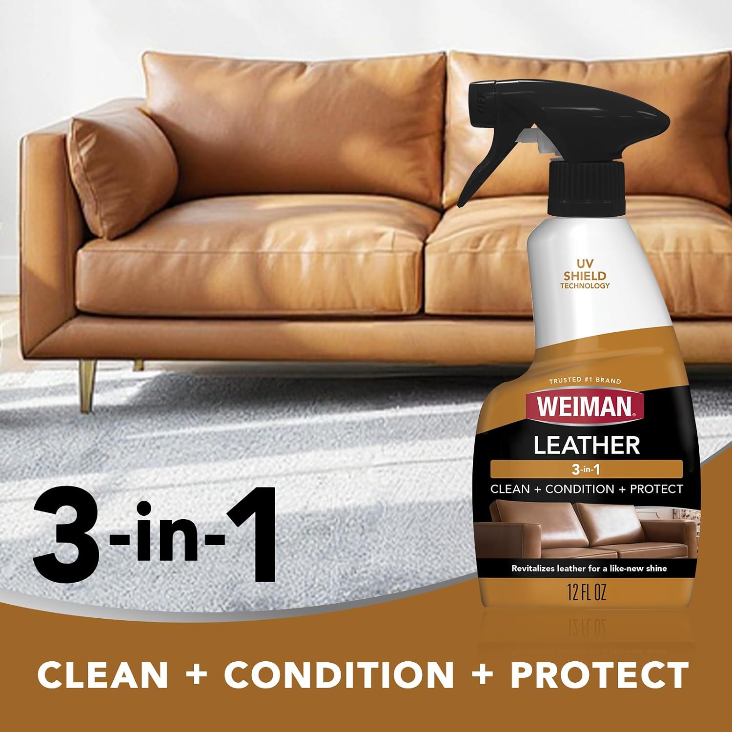 Weiman Leather Cleaner & Conditioner - Cleans, Restores & Protects Leather, UV Protection Prevent Cracking & Fading, Auto, Sofas, Shoes, Bags & All Finished Leather Surfaces, 1 Pack, 12 Fl Oz