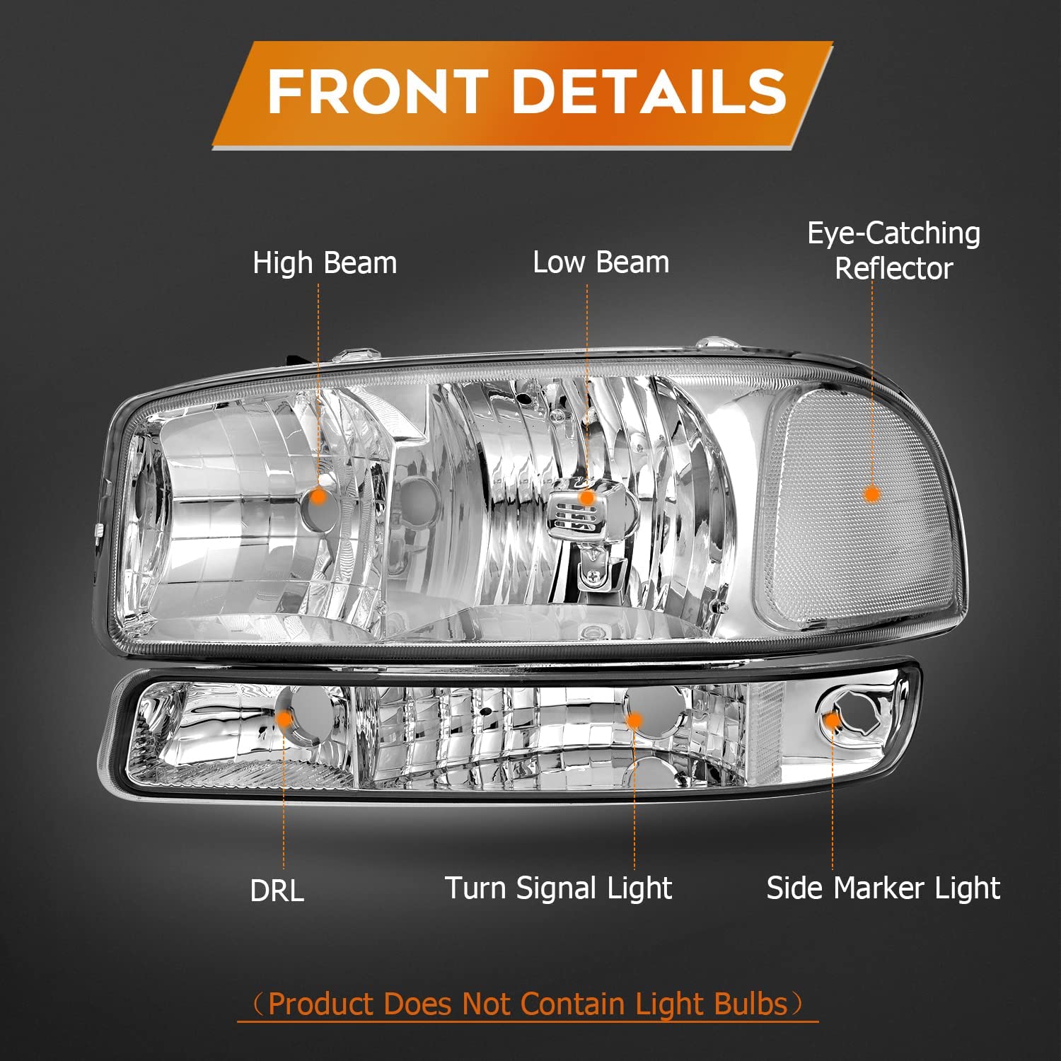 NTXGlow GMC Sierra 1500/2500 headlight assembly with chrome housing, clear lens, driver and passenger side, for 1999-2007 models