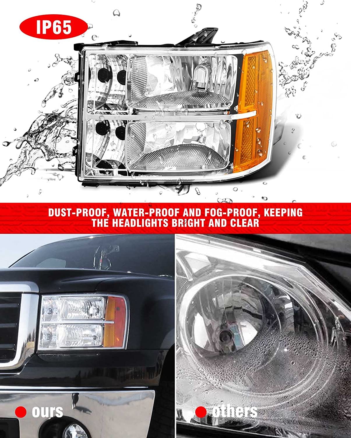 NTXGlow 2007-2014 GMC Sierra headlight assembly with chrome housing and amber reflectors, includes left and right replacements